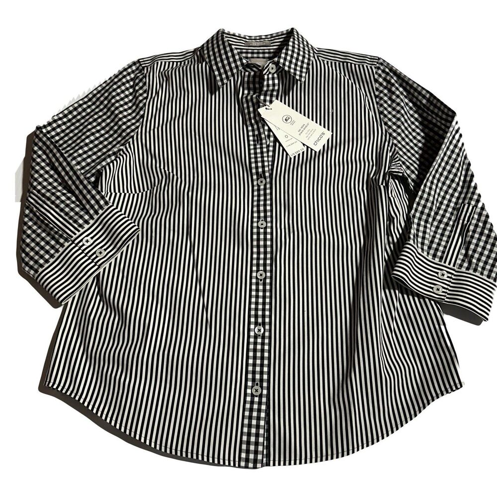 Chicos Size 0 No Iron Stain Shield Button Up Shirt Women’s S Gingham Stripe NWT